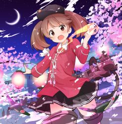 Rule 34 | 1girl, :d, aircraft, airplane, blurry, brown eyes, brown hair, cherry blossoms, commentary request, crescent moon, depth of field, fang, japanese clothes, kantai collection, kariginu, long hair, looking at viewer, machinery, magatama, moon, night, night sky, open mouth, pleated skirt, ryuujou (kancolle), ryuujou kai ni (kancolle), skirt, sky, smile, solo, star (sky), starry sky, tobi (nekomata homara), turret, twintails, visor cap