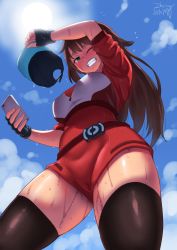 Rule 34 | 1girl, 2017, :d, ;d, baseball cap, black thighhighs, blush, breasts, brown hair, brown thighhighs, clenched teeth, creatures (company), dated, eyelashes, female protagonist (pokemon go), from below, game freak, green eyes, hat, large breasts, long hair, looking at viewer, nintendo, one eye closed, open mouth, phone, pokemon, pokemon go, ponytail, pov, sky, smile, solo, standing, summer, sun, sweat, teeth, thick thighs, thighhighs, thighs, unworn hat, unworn headwear, zettai ryouiki, zheng