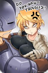 Rule 34 | anger vein, armor, blonde hair, breast press, breasts, copyright request, highres, kawa-v, large breasts, sneer
