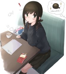 Rule 34 | !, 1girl, 2022, arm support, black hair, black skirt, black socks, blue sweater, blush stickers, box, box of chocolates, candy, chocolate, chocolate heart, closed mouth, commentary request, couch, cup, dated, eating, english text, eyes visible through hair, food, food in mouth, fubuki (kancolle), green eyes, head on hand, heart, highres, hot chocolate, kantai collection, kneehighs, long sleeves, looking at viewer, ma rukan, mug, paper, pen, pleated skirt, pocky, pocky in mouth, sailor collar, short hair, sidelocks, simple background, sitting, skirt, socks, solo, speech bubble, star (symbol), sweater, sweets, table, valentine, white background