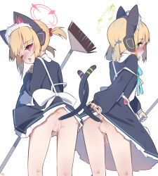 Rule 34 | 2girls, alternate costume, anal tail, animal ear headphones, animal ears, apron, aqua ribbon, ass, black dress, blonde hair, blue archive, blue bow, blush, bow, broom, butt plug, cat ear headphones, cat tail, censored, clothes lift, commentary, dress, enmaided, fake animal ears, fake tail, from behind, hair bow, halo, headphones, highres, holding, holding broom, intertwined tails, keyfanjun, lifted by self, looking at viewer, maid, maid apron, maid headdress, midori (blue archive), midori (maid) (blue archive), momoi (blue archive), momoi (maid) (blue archive), mosaic censoring, multiple girls, neck ribbon, nose blush, one eye closed, profile, pussy, pussy juice, pussy juice trail, red bow, ribbon, short hair, short twintails, siblings, sisters, skirt, skirt lift, tail, tongue, tongue out, twins, twintails