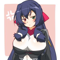 Rule 34 | &gt;:&lt;, 1girl, :&lt;, anger vein, asama tomo, bad id, bad pixiv id, blue hair, blush, breasts, closed mouth, green eyes, heterochromia, highres, kyoukaisenjou no horizon, large breasts, long hair, red eyes, solo, touryou, v-shaped eyebrows