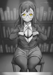 Rule 34 | 1girl, artist name, artist request, black legwear, blush, book, bookshelf, breasts, brown eyes, brown hair, collared shirt, female focus, glasses, highres, kunikida hanamaru, light brown hair, long hair, looking at viewer, love live!, love live! sunshine!!, matching hair/eyes, medium breasts, open clothes, pants, parted lips, shirt, small breasts, smile, solo, spot color, unsfrau, yellow eyes