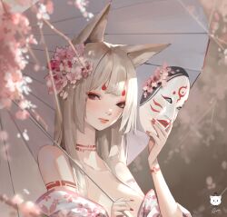 Rule 34 | 1girl, absurdres, animal ears, arm tattoo, artist logo, bare shoulders, black eyes, closed mouth, commentary, dated commentary, eyeshadow, facial mark, fingernails, floral print, flower, fox ears, fox girl, grey hair, hair flower, hair ornament, hand up, highres, hikimayu, holding, holding mask, holding umbrella, japanese clothes, jung wonjo, kimono, lips, long hair, looking at viewer, makeup, mask, nail polish, neck tattoo, off shoulder, original, pink flower, print kimono, red eyeshadow, red nails, red pupils, signature, slit pupils, solo, tattoo, umbrella, upper body, whisker markings, white kimono