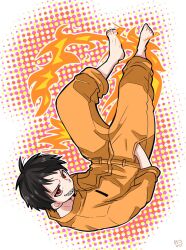 1boy barefoot black_hair commentary en&#039;en_no_shouboutai fire full_body halftone halftone_background hands_in_pockets jumpsuit legs_up looking_at_viewer lying male_focus on_back orange_jumpsuit outline red_eyes sharp_teeth shinra_kusakabe short_hair signature solo teeth white_background white_outline x55555x