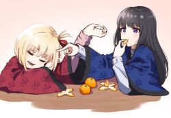 Rule 34 | 2girls, :t, arm support, black hair, blonde hair, blue kimono, bright pupils, closed eyes, commentary request, drooling, eating, food, food in mouth, fruit, hair between eyes, hair ribbon, hand up, holding, holding food, hyoe (hachiechi), inoue takina, japanese clothes, kimono, light blush, long hair, long sleeves, lycoris recoil, mandarin orange, mouth drool, multiple girls, nishikigi chisato, one side up, open mouth, pink background, poking head, purple eyes, red kimono, red ribbon, ribbon, simple background, sleeping, straight hair, white pupils, wide sleeves