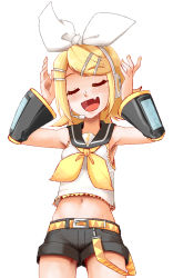 Rule 34 | 1girl, arm warmers, armpits, bare shoulders, black collar, black shorts, blonde hair, bow, closed eyes, collar, commentary, cowboy shot, crop top, fang, hair bow, hands up, headphones, headset, highres, hourou, kagamine rin, midriff, nail polish, navel, neckerchief, open mouth, sailor collar, school uniform, shirt, short hair, short shorts, shorts, skin fang, sleeveless, sleeveless shirt, smile, solo, standing, swept bangs, vocaloid, white background, white bow, white shirt, yellow nails, yellow neckerchief