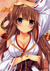 Rule 34 | 10s, 1girl, absurdres, ahoge, arm on own head, arm up, bare shoulders, breasts, brown eyes, brown hair, cleavage, collarbone, detached sleeves, double bun, female focus, hair bun, hairband, headgear, highres, japanese clothes, kantai collection, kongou (kancolle), large breasts, long hair, looking at viewer, nontraditional miko, purple eyes, ribbon-trimmed sleeves, ribbon trim, scan, shirokitsune, smile, solo, upper body