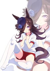 1girl alternate_costume animal_ears black_hair closed_mouth commentary_request full_body hair_over_one_eye hat highres hokuyukis horse_ears horse_girl horse_tail looking_at_viewer no_shoes rice_shower_(umamusume) shorts sitting smile tail thighhighs umamusume white_background white_thighhighs