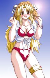 Rule 34 | 00s, 1girl, bangle, bikini, blonde hair, blush, bracelet, brown eyes, facial mark, forehead mark, galaxy angel, gradient background, hair ornament, hairclip, hat, jewelry, long hair, looking at viewer, ranpha franboise, red bikini, shirt, simple background, smile, solo, swimsuit, thighlet, tied shirt, very long hair, white shirt