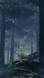 Rule 34 | brown eyes, commentary request, creature, creatures (company), fallen tree, forest, game freak, gen 4 pokemon, highres, leafeo2, leafeon, nature, nintendo, no humans, outdoors, pokemon, pokemon (creature), sitting, solo, tree