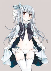 Rule 34 | 1girl, blush, bow, breasts, cloak, crystal, frilled panties, frills, gloves, grey background, hair ornament, long hair, motchida, navel, no bra, no pants, one side up, original, panties, parted lips, red eyes, ribbon, silver hair, simple background, small breasts, solo, thigh gap, thighhighs, underwear, white panties