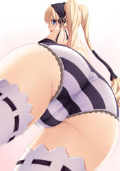 Rule 34 | 1girl, ^^^, ass, blonde hair, blue eyes, blush, cameltoe, cleft of venus, ekaterina kurae, fat mons, from below, fujirin, gothic lolita, hat, highres, huge ass, lace, lace-trimmed panties, lace trim, lingerie, lolita fashion, long hair, looking back, panties, pussy, seikon no qwaser, solo, striped clothes, striped panties, thick thighs, thighhighs, thighs, topless, trefoil, twintails, uncensored, underwear, white thighhighs