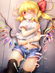 Rule 34 | 1girl, alternate costume, black panties, black thighhighs, blonde hair, blush, camisole, commentary request, contemporary, cowboy shot, crystal, cum, cumdrip, denim, denim shorts, eyes visible through hair, facial, fang, fang out, flandre scarlet, floor, from above, hair between eyes, hair ribbon, hand up, head tilt, highres, long hair, looking at viewer, lying, marukyuu ameya, midriff, nail polish, no headwear, nose blush, on back, one eye closed, one side up, open fly, panties, pink nails, red eyes, red ribbon, ribbon, school uniform, see-through, shadow, shirt, short shorts, short sleeves, shorts, solo, thighhighs, thighs, touhou, translation request, unbuttoned, underwear, white shirt, wing collar, wings