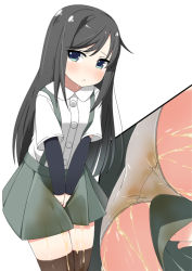 Rule 34 | 1girl, arm warmers, asashio (kancolle), ass, between legs, black hair, black thighhighs, blue eyes, blush, female focus, green skirt, hand between legs, have to pee, kantai collection, long hair, looking to the side, minamimachi naname, multiple views, own hands together, panties, pee stain, peeing, peeing self, pleated skirt, shiny skin, shirt, short sleeves, simple background, skirt, standing, suspenders, thighhighs, underwear, upskirt, v arms, wet, wet clothes, wet panties, wet skirt, white background, white panties, white shirt, zettai ryouiki