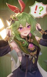 Rule 34 | !?, 1girl, armlet, backlighting, belt, black dress, blush, bracelet, breasts, bridal gauntlets, capelet, collei (genshin impact), detached sleeves, dress, genshin impact, green capelet, green hair, hair ornament, hair ribbon, highres, jewelry, lightria, long hair, long sleeves, looking at viewer, looking to the side, open mouth, puffy long sleeves, puffy sleeves, purple eyes, red ribbon, ribbon, scarf, small breasts, solo, yellow scarf