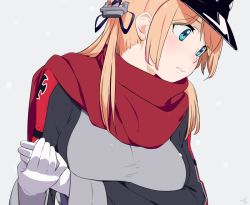 Rule 34 | 10s, 1girl, anchor hair ornament, black ribbon, blonde hair, blue eyes, blush, cross, gloves, hair ornament, hat, iron cross, kantai collection, looking to the side, low twintails, military, military hat, military uniform, peaked cap, prinz eugen (kancolle), ribbon, scarf, so shina, sohin, solo, twintails, uniform, upper body, white gloves