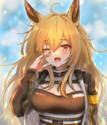 Rule 34 | 1girl, 3 (sanyako1), animal ears, arknights, blonde hair, blurry, blush, breasts, brown jacket, ceobe (arknights), commentary request, dog ears, dog girl, fang, grey jacket, hair between eyes, halftone, hand on own face, highres, jacket, lens flare, long hair, long sleeves, looking at viewer, medium breasts, messy hair, one eye closed, open mouth, red eyes, skin fang, sleepy, solo, tearing up, unfinished, upper body, yawning