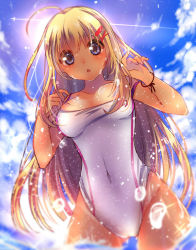 Rule 34 | 1girl, areola slip, bad id, bad pixiv id, blonde hair, blue eyes, blush, breasts, breasts out, competition swimsuit, covered navel, hair ornament, lens flare, long hair, looking at viewer, mitsuhachi8, one-piece swimsuit, open mouth, original, solo, splashing, swimsuit, tan, wardrobe malfunction