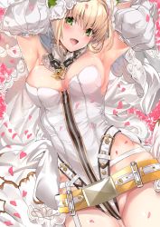 Rule 34 | 10s, 1girl, absurdres, ahoge, armpits, arms up, belt, blonde hair, blush, breasts, chain, cleavage, detached sleeves, fate/extra, fate/extra ccc, fate (series), green eyes, highres, large breasts, leotard, lock, looking at viewer, lying, marushin (denwa0214), nero claudius (bride) (fate), nero claudius (bride) (second ascension) (fate), nero claudius (fate), nero claudius (fate) (all), on back, padlock, petals, smile, solo, veil, zipper