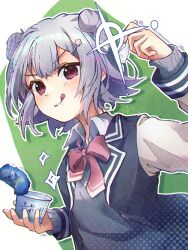 Rule 34 | 1girl, black jacket, blazer, blush, bow, bowtie, cevio, closed mouth, collared shirt, cup, double bun, green background, grey hair, grey sweater vest, hair between eyes, hair bun, hand up, holding, holding cup, jacket, koharu rikka, layered sleeves, long sleeves, looking at viewer, multicolored clothes, multicolored jacket, open clothes, open jacket, outline, pink bow, pink bowtie, shirt, short hair, smile, solo, sparkle, suama (haruichi), sweater vest, synthesizer v, tongue, tongue out, two-tone jacket, upper body, v-shaped eyebrows, white background, white jacket, white outline, white shirt, white trim