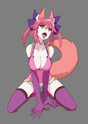 Rule 34 | 10s, 1girl, animal ears, bikini, bikini under clothes, breasts, ch2o, cleavage, cosplay, drooling, elbow gloves, fangs, fate/extra, fate (series), fox ears, fox tail, gloves, hair ribbon, high heels, kneeling, large breasts, looking at viewer, me!me!me!, meme (me!me!me!), meme (me!me!me!) (cosplay), multicolored eyes, orange eyes, pale skin, panties, pantyshot, parody, pink hair, purple gloves, purple thighhighs, ribbon, solo, striped bikini, striped clothes, striped panties, swimsuit, tail, tamamo (fate), tamamo no mae (fate/extra), thighhighs, tongue, tongue out, twintails, underwear, v arms, yellow eyes
