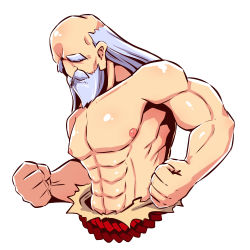 Rule 34 | 1boy, abs, beard, clenched hands, commentary request, cropped torso, etrian odyssey, facial hair, grey hair, highres, long hair, male focus, monk (sekaiju), mustache, naga u, sekaiju no meikyuu, sekaiju no meikyuu 3, topless male, simple background, solo, thick eyebrows, upper body, white background