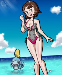 Rule 34 | alternate breast size, arm at side, armpits, artist request, beach, body blush, breasts, brown eyes, brown hair, cleavage, cloud, collarbone, creatures (company), day, eyelashes, female focus, floating, game freak, gen 8 pokemon, gloria (pokemon), grey one-piece swimsuit, hand up, happy, highres, knees together feet apart, legs, legs together, light particles, light rays, looking at viewer, matching hair/eyes, neck, nintendo, ocean, one-piece swimsuit, open mouth, outdoors, partially submerged, pokemon, pokemon (creature), pokemon swsh, shiny skin, short hair, side-tie swimsuit, side bangs, size difference, skin tight, sky, smile, sobble, standing, summer, sunlight, swimsuit, thighs, thighs together, wet