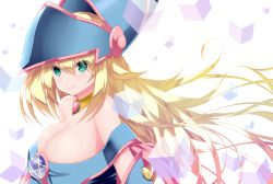 Rule 34 | 1girl, bare shoulders, blonde hair, blue hat, breasts, calcio, cleavage, closed mouth, cube, dark magician girl, duel monster, floating hair, gradient hair, green eyes, hair between eyes, hat, highres, jewelry, large breasts, long hair, looking at viewer, multicolored hair, necklace, off shoulder, pentacle, simple background, smile, solo, transparent, upper body, white background, wizard hat, yu-gi-oh!