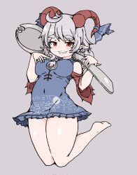 Rule 34 | 1girl, ahoge, bare shoulders, barefoot, blue dress, blue ribbon, breasts, commentary request, covered navel, curled horns, dress, earrings, full body, grey background, grey hair, highres, horn ornament, horn ribbon, horns, jewelry, large breasts, looking at viewer, panties, pointy ears, red eyes, red horns, ribbon, sharp teeth, short hair, simple background, solo, spork, teeth, thighs, touhou, toutetsu yuuma, underwear, white panties, wolf walter0709