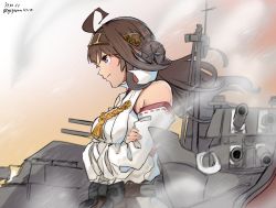 Rule 34 | 1girl, ahoge, brown hair, cannon, commentary request, crossed arms, dated, detached sleeves, double bun, gegeron, grey eyes, hair bun, hairband, headgear, highres, japanese clothes, kantai collection, kongou (kancolle), kongou kai ni (kancolle), long hair, machinery, one-hour drawing challenge, orange background, profile, ribbon-trimmed sleeves, ribbon trim, smile, smoke, solo, turret, twitter username, upper body, white background