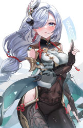 Rule 34 | 1girl, arm at side, black bodysuit, black gloves, blue eyes, blush, bodysuit, braid, breast curtain, breasts, clothing cutout, contrapposto, covered navel, cowboy shot, earrings, floating hair, flower knot, genshin impact, gloves, gold trim, hair ornament, hair over one eye, highres, hip vent, holding, jewelry, kuji-in, kurokin, looking at viewer, low-braided long hair, low-tied long hair, medium breasts, parted lips, partially fingerless gloves, puffy sleeves, shenhe (genshin impact), simple background, single braid, solo, swept bangs, tassel, tassel earrings, white background, white hair