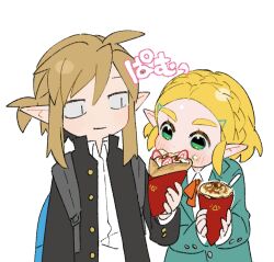 Rule 34 | 1boy, 1girl, alternate costume, antenna hair, backpack, bag, black jacket, blonde hair, blue bag, bow, bowtie, braid, commentary request, contemporary, crepe, crown braid, food, green eyes, green jacket, hair ornament, hairclip, highres, holding, holding food, holding ice cream, ice cream, ice cream crepe, jacket, koi (nisikicoi), link, looking at another, nintendo, pointy ears, princess zelda, red bow, red bowtie, shirt, short hair, short ponytail, simple background, standing, the legend of zelda, the legend of zelda: tears of the kingdom, white background, white shirt, | |