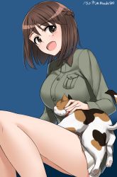 Rule 34 | 1girl, absurdres, artist name, blue background, blush, braid, breasts, brown eyes, brown hair, calico, cat, highres, hiroshi (hunter-of-kct), large breasts, looking at viewer, luminous witches, military, military uniform, open mouth, shibuya inori, shiny skin, short hair, simple background, smile, uniform, world witches series