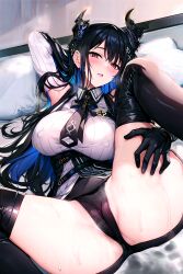 Rule 34 | 1girl, absurdres, arm behind head, arm up, armpits, black gloves, black hair, black horns, black necktie, black panties, black thighhighs, blue hair, blush, breasts, cameltoe, cleft of venus, colored inner hair, covered erect nipples, crotch, gloves, highres, hololive, hololive advent, hololive english, horns, large breasts, looking at viewer, lying, m legs, mole, mole under eye, multicolored hair, necktie, nerissa ravencroft, nerissa ravencroft (1st costume), on back, open mouth, panties, pillow, red eyes, solo, spread legs, sugiki, sweat, thighhighs, thighs, two-tone hair, underwear, virtual youtuber