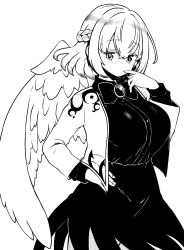 Rule 34 | 1girl, absurdres, angel wings, blush, bow, bowtie, braid, breasts, cowboy shot, dress, feathered wings, finger to mouth, french braid, greyscale, hand on own hip, highres, himajin noizu, jacket, kishin sagume, large breasts, long sleeves, looking at viewer, monochrome, open clothes, open jacket, short hair, simple background, single wing, solo, touhou, white background, wings