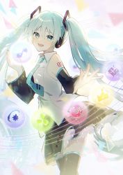 Rule 34 | 1girl, aqua eyes, aqua hair, aqua necktie, bare shoulders, black thighhighs, blush, breasts, collared shirt, commentary request, cowboy shot, detached sleeves, frilled skirt, frills, glowing, hair between eyes, hair ornament, hands up, hatsune miku, highres, long hair, looking at viewer, looking to the side, necktie, necojishi, open mouth, project sekai, shirt, skirt, sleeveless, small breasts, smile, solo, thighhighs, twintails, very long hair, vocaloid, white shirt