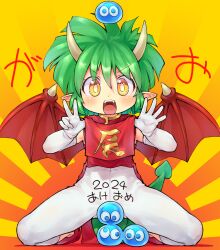 Rule 34 | 1girl, blush, clothes lift, commentary request, covered navel, dragon girl, dragon horns, dragon tail, dragon wings, elbow gloves, full body, gloves, green hair, highres, horns, looking at viewer, open mouth, original, paid reward available, pantyhose, pelvic curtain, pelvic curtain lift, pointy ears, sakurabe notos, short hair, slime (creature), solo, spread legs, tail, teeth, upper teeth only, variant set, white gloves, white pantyhose, wings, yellow eyes