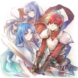 Rule 34 | 1boy, 2girls, adol christin, ancient ys vanished, anniversary, armor, bad id, bad pixiv id, belt, blue eyes, blue hair, breasts, brown eyes, dress, expressionless, falcom, feathers, feena (ys), gloves, hand in own hair, harmonica, instrument, leather, leather gloves, long hair, looking at viewer, multiple girls, reah (ys), red hair, red shirt, robe, sash, scarf, shirt, short hair, siblings, simple background, sisters, small breasts, smile, spiked hair, sword, turtleneck, upper body, uuta (uturautouto), weapon, white background, white dress, ys