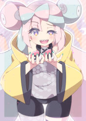 1girl aosora_neko creatures_(company) game_freak highres iono_(pokemon) nintendo open_mouth poke_ball poke_ball_(basic) pokemon pokemon_sv sharp_teeth solo teeth