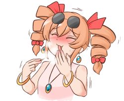 Rule 34 | 1girl, bangle, bare shoulders, blush, bow, bracelet, drill hair, drop earrings, earrings, eating, closed eyes, eyewear on head, full-face blush, hair bow, jewelry, mizusoba, necklace, ring, solo, sunglasses, sweat, touhou, trembling, twin drills, upper body, yorigami jo&#039;on