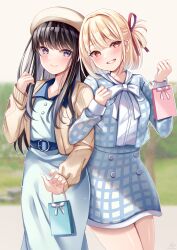 Rule 34 | 2girls, bag, beret, black hair, blonde hair, blue dress, blue jacket, blue skirt, blush, bow, brown headwear, brown jacket, closed mouth, collared dress, commentary request, dress, grin, hair intakes, hands up, hat, highres, holding, holding bag, inoue takina, jacket, locked arms, long hair, long sleeves, looking at viewer, lycoris recoil, multiple girls, nishikigi chisato, open clothes, open jacket, plaid, plaid jacket, plaid skirt, purple eyes, red eyes, sakura hiyori, shirt, skirt, sleeves past wrists, smile, very long hair, white bow, white shirt