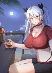 Rule 34 | 1girl, absurdres, alcohol, alternate costume, antenna hair, azur lane, belt, bench, black choker, black ribbon, black shorts, blue sky, blush, breasts, casual, choker, cleavage, cloud, collarbone, commentary, cowboy shot, cross, cross earrings, cup, denim, denim shorts, drinking glass, earrings, full moon, hair between eyes, hair ribbon, highleg, highleg panties, highres, holding, holding cup, horizon, iron cross, j yak47, jewelry, large breasts, long hair, looking at viewer, midriff, moon, multicolored hair, navel, night, nose blush, ocean, open mouth, outdoors, palm leaf, panties, prinz eugen (azur lane), railing, red belt, red hair, red shirt, ribbed shirt, ribbon, shadow, shirt, short sleeves, shorts, sidelocks, silver hair, sitting, sky, solo, streaked hair, swept bangs, table, taut clothes, taut shirt, two side up, underwear, whiskey