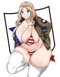 Rule 34 | 1girl, :p, american flag bikini, areola slip, armpits, bikini, blazer, blonde hair, blue eyes, breasts, bursting breasts, covered erect nipples, english text, flag print, girls und panzer, highres, huge breasts, jacket, kay (girls und panzer), open mouth, owner1657, panties, side-tie bikini bottom, skindentation, smile, solo, striped clothes, striped panties, swimsuit, thick thighs, thighhighs, thighs, tongue, tongue out, underwear, white background