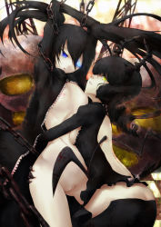 Rule 34 | 10s, 2girls, absurdres, arms up, backless outfit, black hair, black rock shooter, black rock shooter (character), blue eyes, breasts, chain, dead master, dress, glowing, glowing eyes, green eyes, highres, horns, kuku px, multiple girls, navel, pussy, pussy juice, saliva, saliva trail, scar, skull, small breasts, sweat, twintails, uncensored, yuri