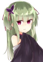 Rule 34 | 1girl, absurdres, bare shoulders, black kimono, blunt bangs, butterfly hair ornament, commentary, disgust, frown, green hair, hair ornament, hair ribbon, hand up, highres, hime cut, japanese clothes, kimono, long hair, looking at viewer, murasame (senren), open mouth, red eyes, red ribbon, ribbon, senren banka, sidelocks, simple background, solo, straight hair, sweatdrop, two side up, upper body, white background, wide sleeves, yuuhodesu