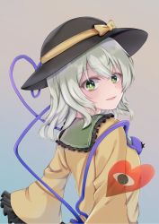Rule 34 | 1girl, :d, black hat, blouse, buttons, collared shirt, diamond button, eyeball, frilled shirt collar, frilled sleeves, frills, from behind, gradient background, green eyes, grey background, hair between eyes, hat, hat ribbon, heart, heart of string, highres, komeiji koishi, light green hair, long sleeves, looking at viewer, medium hair, open mouth, parted lips, ribbon, shirt, sidelocks, sleeves past wrists, smile, solo, third eye, touhou, upper body, wavy hair, wide sleeves, yellow ribbon, yellow shirt, ys kosato
