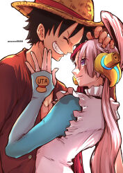 Rule 34 | 1boy, 1girl, ^ ^, aosora2823, artist name, black hair, closed eyes, dress, facing another, gloves, grin, hair rings, hand on another&#039;s head, hat, headphones, hetero, highres, looking at another, monkey d. luffy, one piece, one piece film: red, open clothes, open shirt, pink hair, profile, purple eyes, red hair, red shirt, scar, scar on chest, shirt, simple background, single glove, smile, straw hat, twintails, upper body, uta (one piece), white background, white dress