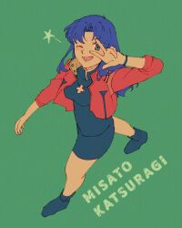 Rule 34 | 1girl, breasts, character name, cross, cross necklace, green background, green eyes, jacket, jewelry, katsuragi misato, medium breasts, necklace, neon genesis evangelion, one eye closed, open mouth, purple hair, red jacket, shiso7110, simple background, solo, star (symbol), walking