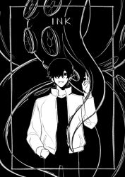 Rule 34 | 1boy, black background, black hair, black jacket, chainsaw man, claireiosity, ear piercing, greyscale, hair over one eye, hand in pocket, highres, jacket, light smile, looking at viewer, mole, mole under mouth, monochrome, multiple piercings, octopus devil (chainsaw man), piercing, short hair, solo, tentacles, white jacket, yoshida hirofumi